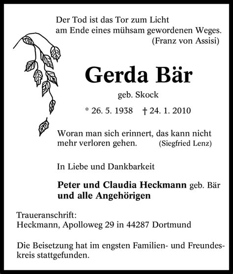 Trauer und Todesanzeigen von Gerda Bär Trauer de