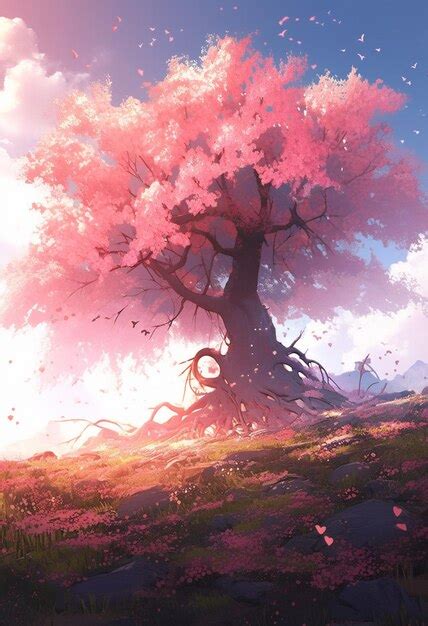 Premium Photo | Anime style image of a tree with pink flowers in the ...