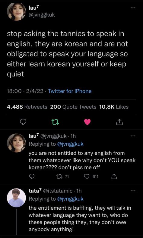 Two Tweets On The Same Page One Is Asking To Speak In English