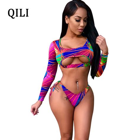 Qili Summer Beach Bodysuits Women Long Sleeve Printed Hollow Out Bow Two Piece Set Vacation Sexy