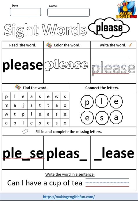 Free Printable Kindergarten Sight Word Worksheet Please”making