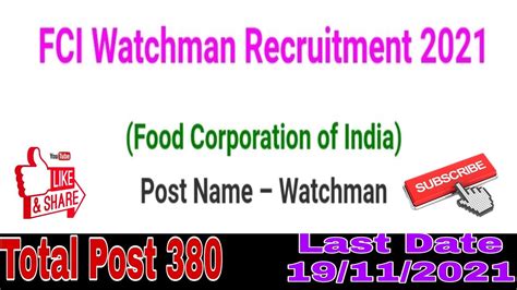 Fci Watchman Recruitment 2021 Haryana Link Activate On 20 October