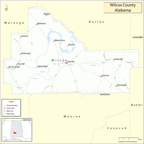 Map of Wilcox County, Alabama showing cities, highways & important ...