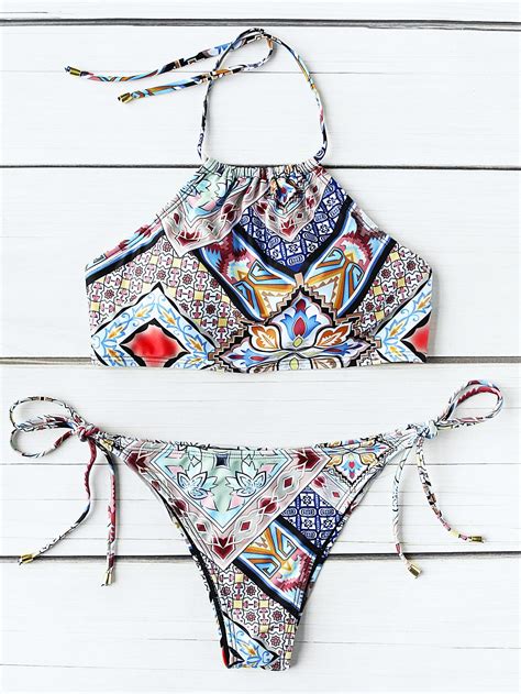 Shop Graphic Print Side Tie Halter Bikini Set Online Shein Offers