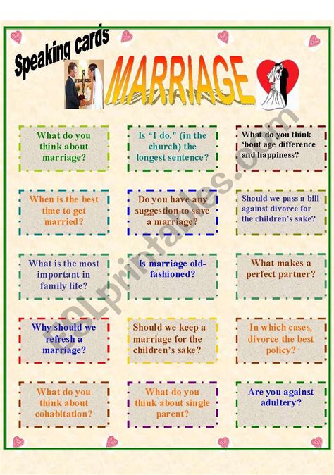 Speaking Cards Marriage Esl Worksheet By Lazy Daisy