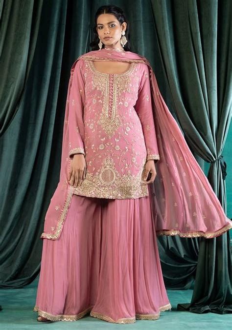 Buy Women Dull Pink Floral Embellished Kurta Set With Palazzo And