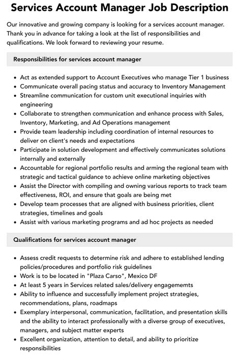 Services Account Manager Job Description Velvet Jobs