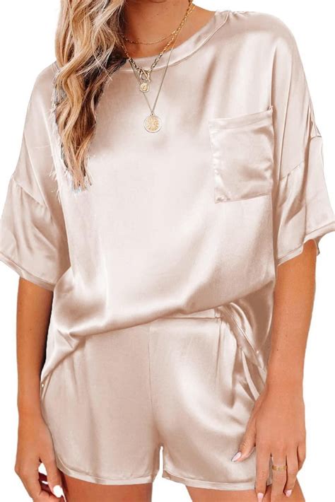 Ekouaer Womens Silk Satin Pajamas Short Sleeve Soft Sleepwear Top With