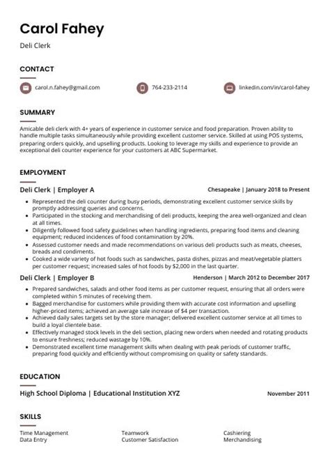 Deli Clerk Resume (CV) Example and Writing Guide