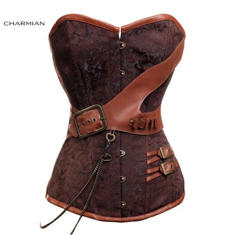 Charmian Plus Size Steampunk Corset For Women Brown Retro Brocade Steel