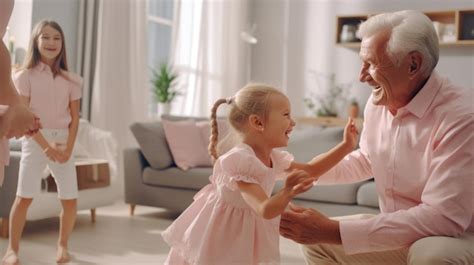 Elegante y cariñoso abuelo mirando a su linda nieta adorable niña y