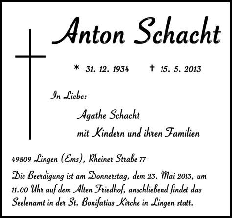 Traueranzeigen Von Anton Schacht Noz Trauerportal