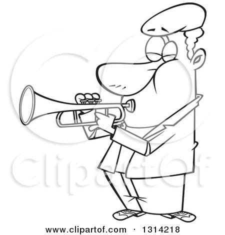 Lineart Clipart of a Cartoon Black and White Musician African Man Playing a Trumpet - Royalty ...