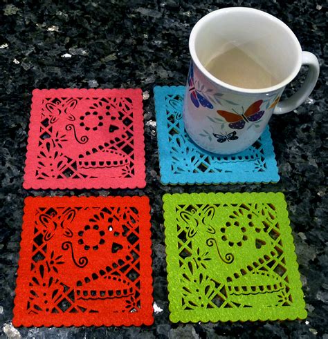 Double Sided Felt Papel Picado Coaster Sets Muertos Skull Patterns