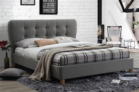 Stockholm Low Grey Fabric Bed Frame With Hardwood Legs Buttoned Headboard