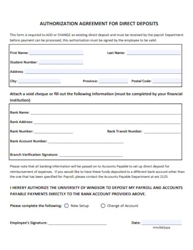 Free Direct Deposit Agreement Samples In Pdf