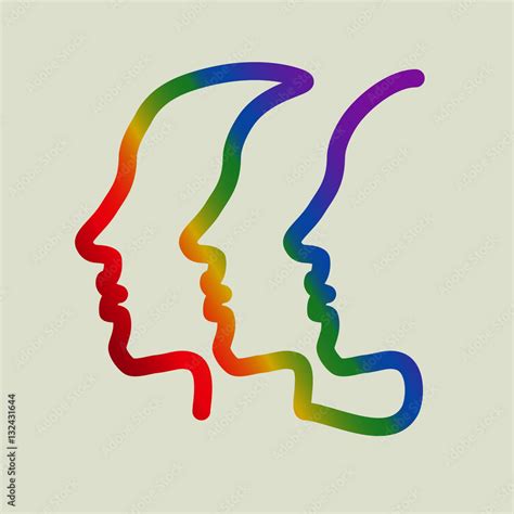 Three human profile, drawn by a multicolored single line. Symbol of the ...