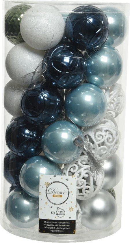 Decoris Kerstballen X St Kunststof Cm Blauw Wit Zilver