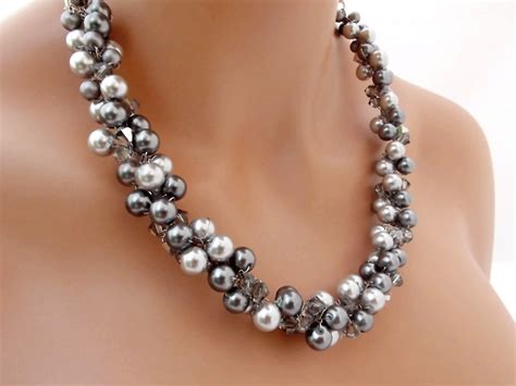 Grey Pearl Necklace Chunky Wedding Necklace Crystal And