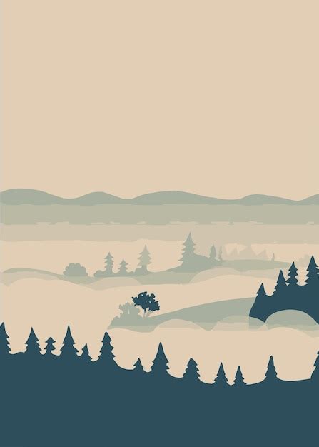 Ilustración de un paisaje nebuloso con bosques y montañas Vector Premium