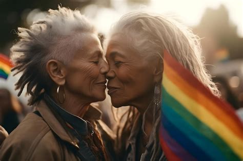 Premium Ai Image Happy Lesbian Couple Kiss And Holding Rainbow Flags