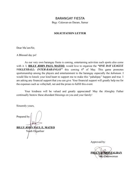 Soletter SOLICITATION LETTER BARANGAY FIESTA Brgy Calawan An Daram