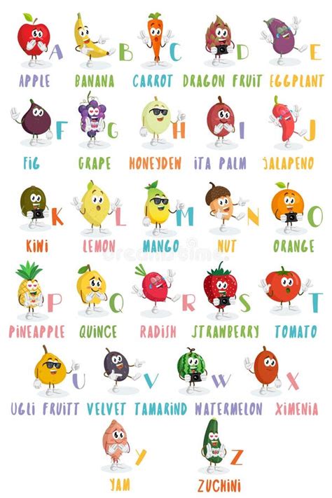 Cute Cartoon Illustrated Alphabet With Funny Fruits And Vegetables