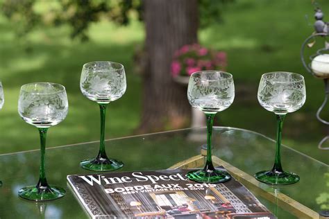 Vintage Etched With Green Stemmed Wine Glasses Set Of Vintage Port