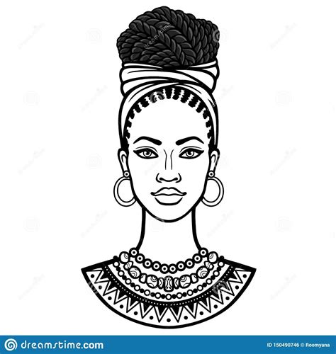 African Beauty Animation Portrait Of The Beautiful Black Woman In A Turban And Afro Hair Stock