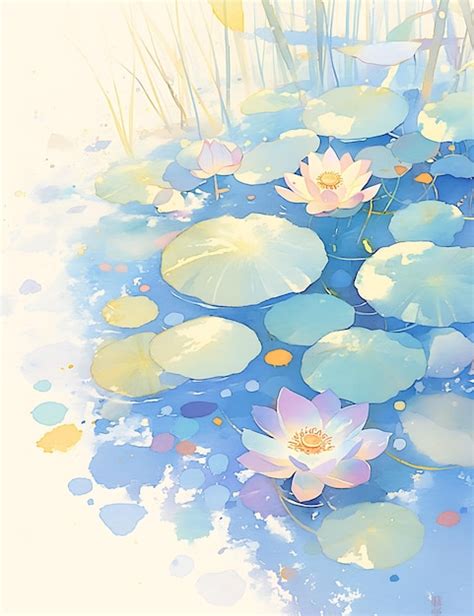 Watercolor Painting Of Lotus Flowers On A Pond Premium AI Generated Image