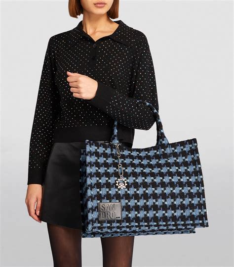 Womens Sandro Blue Tweed Houndstooth Tote Bag Harrods Uk