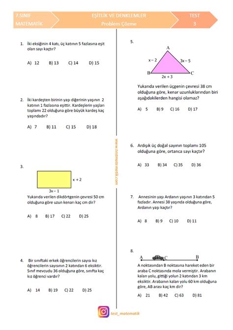 7 Sinif Problem ÇÖzme Test Test Matematik