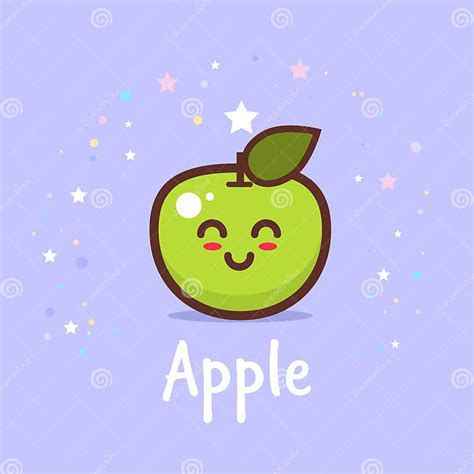 Cute Green Apple Cartoon Comic Character With Smiling Face Happy Emoji Kawaii Style Fresh Fruit