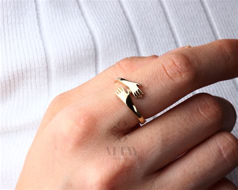 14K Gold Hug Ring Unique Love Hugging Hands Ring Hug Gold Ring