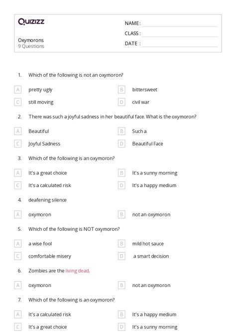 50 Oxymoron Worksheets On Quizizz Free And Printable
