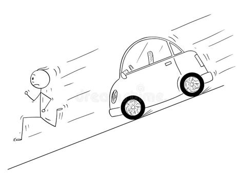 Cartoon of Man Running Down To Hill from Car Moving Uncontrolled ...