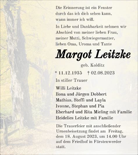 Traueranzeigen Von Margot Leitzke Trauer Nordkurier