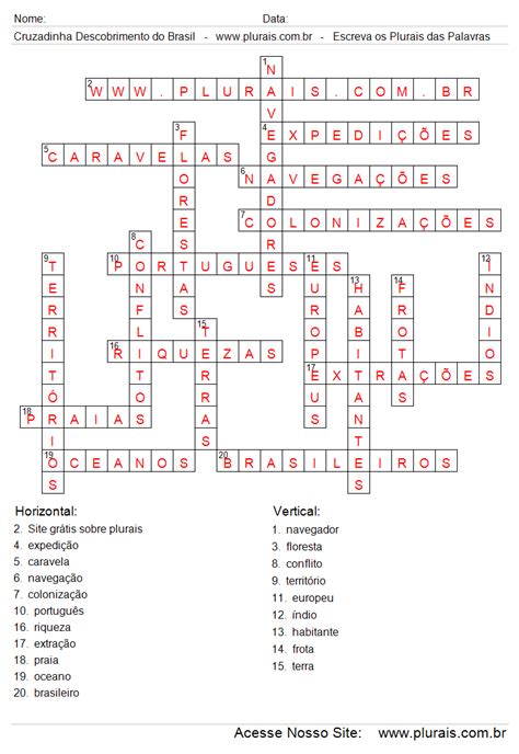 Cruzadinha Descobrimento do Brasil Palavras no Plural Colonização