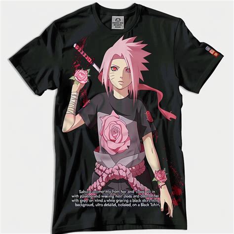 Naruto Sakura Pink Hair Jutsu Black TShirt Anime Style Graphic Art