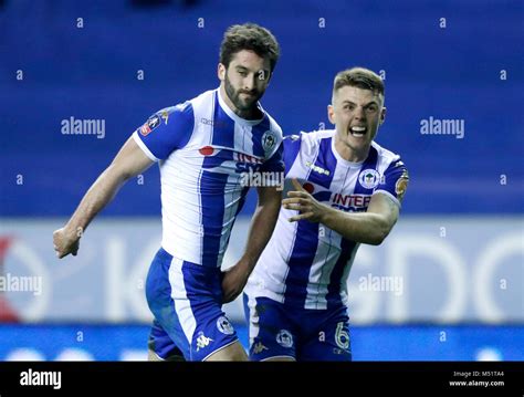 Wigan Athletic S Will Grigg Left Celebrates Scoring His Side S First