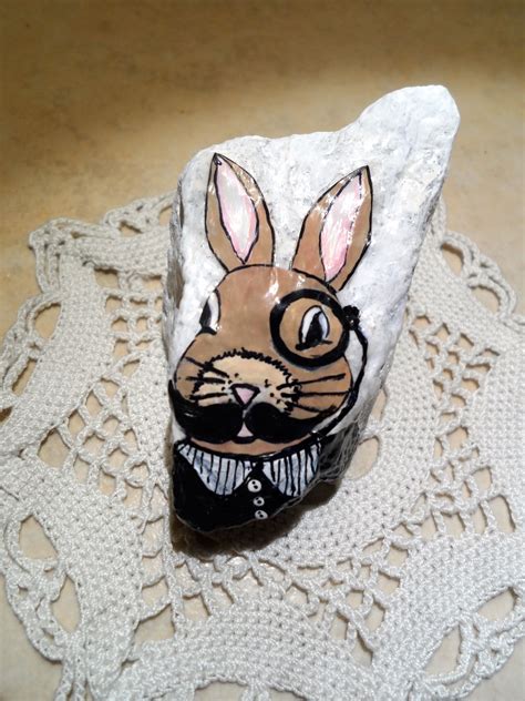 Sweet Bunny Rabbit With Mustache And Monocle Hand Painted On Rock Mbr