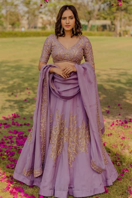 Buy Purple Organza Embroidered Sequin V Neck Bridal Lehenga Set For