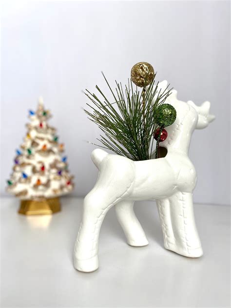 Vintage Ceramic Reindeer Planter Retro White And Pink Etsy