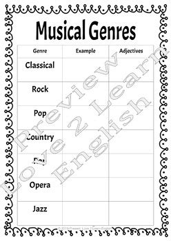 Music Vocabulary Mini Unit For ESL By Love 2 Learn English TpT