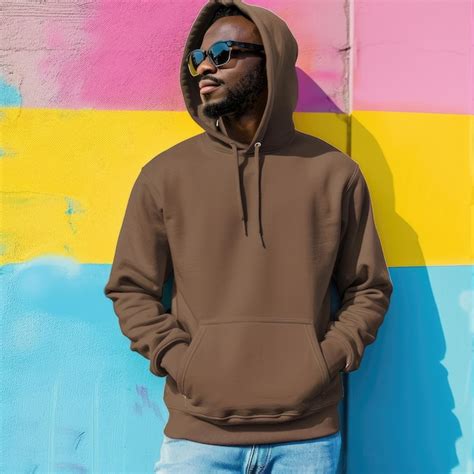 Premium Photo A Man Wearing A Brown Hoodie Stands In Front Of A