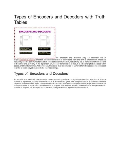 Types of encoders and decoders with truth tables