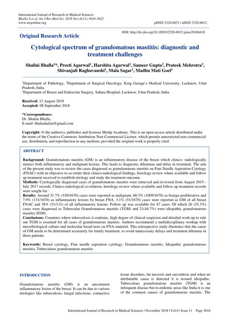 (PDF) Cytological spectrum of granulomatous mastitis: diagnostic and treatment challenges