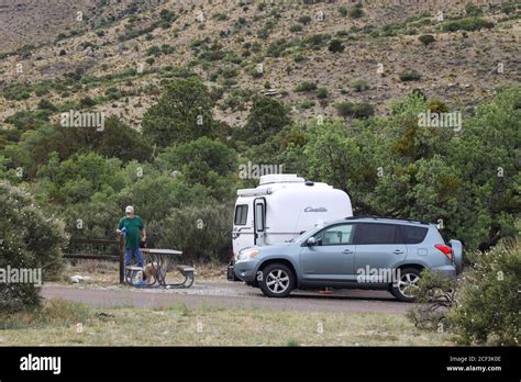 Small camping trailer in RV Area of Guadalupe Mountains National Park ...