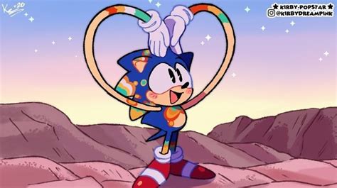 Sonic The Hedge Is Holding On To A Hoop In Front Of Some Mountains And