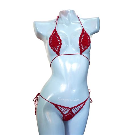 Buy Cardinal Red Crochet Extreme Micro G String Bikini Sunbathing